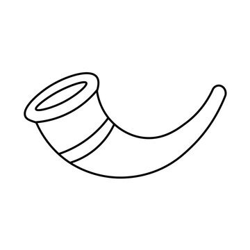 Simple line art drawing of a cornucopia, also known as a horn of plenty, depicted in black outline on a white background.