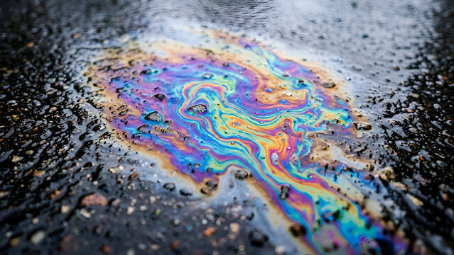 Oil slick rainbow pattern on wet asphalt texture, abstract oil stain macro