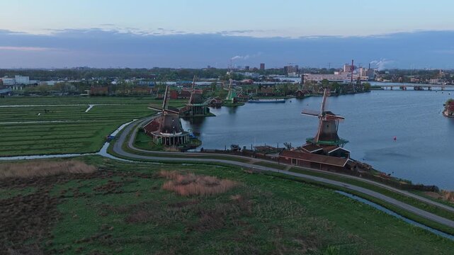 Aerial view of zaanse schans windmills at sunset