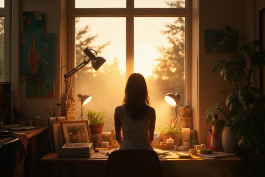 Woman sitting at desk looking out window during golden sunset