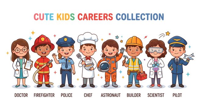 In Kids Character see a cute set of children in future career uniforms. This character illustration shows kids in various jobs like doctor, astronaut, and engineer.