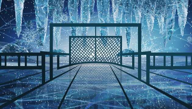Futuristic icy bridge with glowing blue lights and icicles hanging above.
