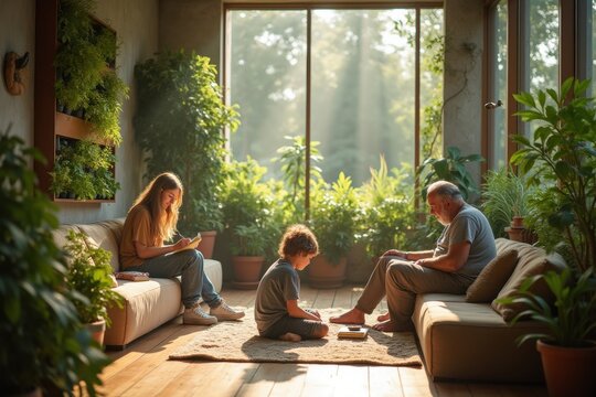 Multigenerational Family Relaxing in Sunlit Room with Indoor Plants