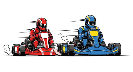 Two go-karts racing, one red and one blue, side by side on a track, motion blur. © Bak