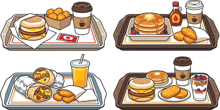 Fast food breakfast menu combos vector illustration set featuring english muffin sandwich pancakes burrito hash browns coffee and juice for restaurant marketing