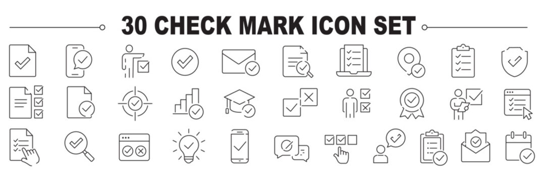 Checkmark icon set. Approval icons in line style. Editable web icons for agreement, vote, confirmation, choise, validation, completed tasks and verified status. Vector illustration.