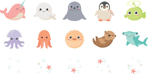 PrintCute Kawaii Sea Animals Vector Icon Set Featuring Narwhal Seal Penguin Jellyfish Octopus and Otter for Kids Designs Stickers and Web Graphics © Mdnur