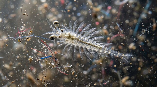 Close-up of Brine Shrimp in Murky Water with Floating Debris