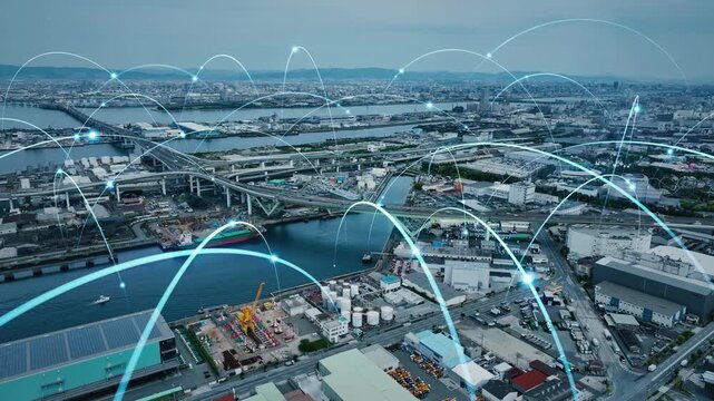 Concept of drone aerial photography and communication networks in a modern city.