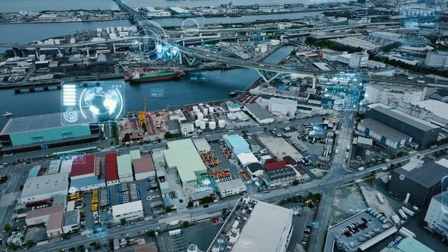 工業地帯のドローン空撮とデジタルテクノロジーのコンセプト