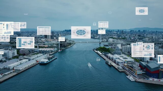 Concept of aerial drone photography and digital data of a modern city.