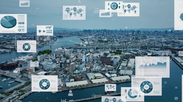 現代都市のドローン空撮とデジタルデータのコンセプト