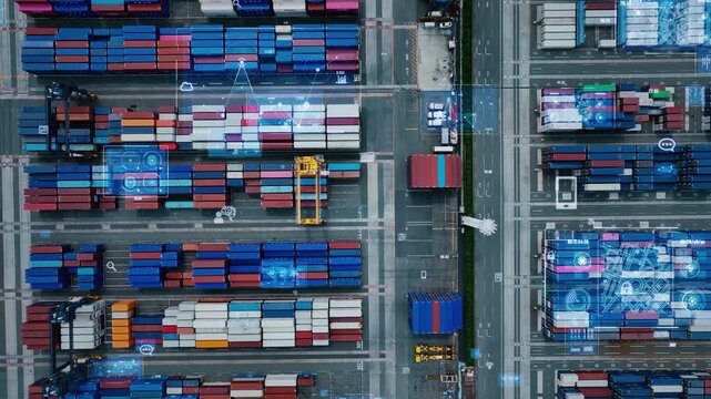 Concept of drone aerial photography and digital technology in a container yard.