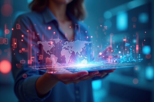 Woman holding a glowing holographic digital world map