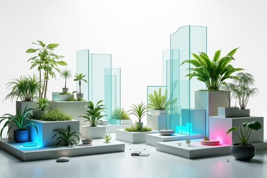 Architectural Greenery Display with Modern Potted Plants and Glass Structures