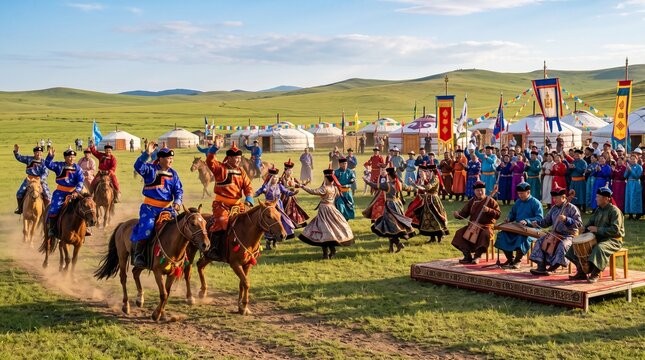 A large group of Mongolian people in traditional colorful clothing performing a cultural dance and playing music outdoors on a vast grassland with yurts