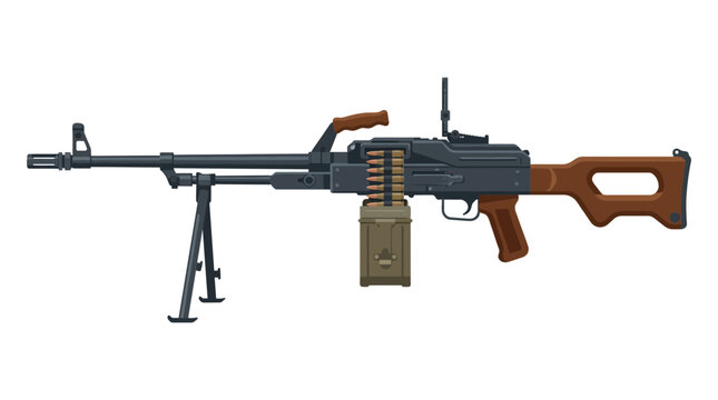 General Purpose Machine Gun Vector Illustration with Ammunition Belt and Bipod