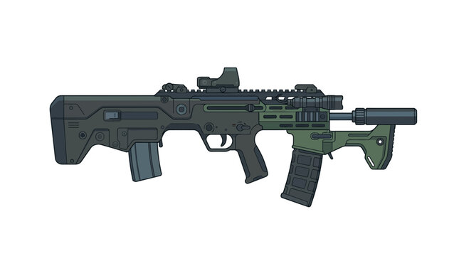 Futuristic Tactical Bullpup Assault Rifle Vector Illustration with Red Dot Sight