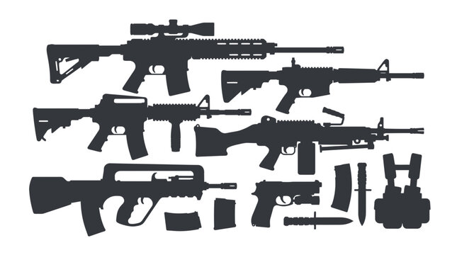 Collection of modern tactical firearms silhouettes including assault rifles sniper rifle and gear