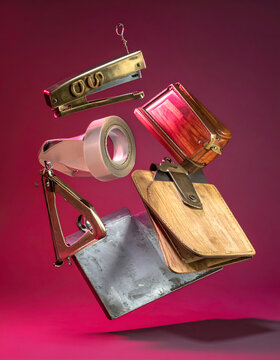 Vintage tools floating in mid air.