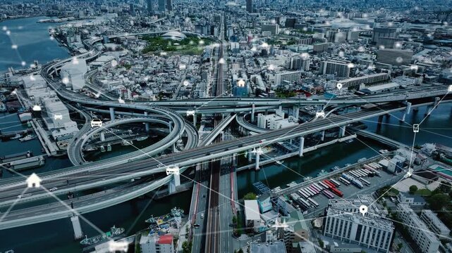 現代都市のドローン空撮と交通テクノロジーのコンセプト