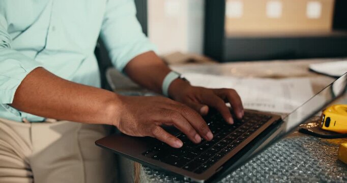 Man, hands and electrician with laptop in home for maintenance, installation or building plan. Male person, technician or typing with computer for electrical repair service or construction project