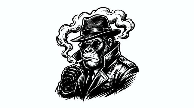Black and white gorilla detective wearing hat and coat.