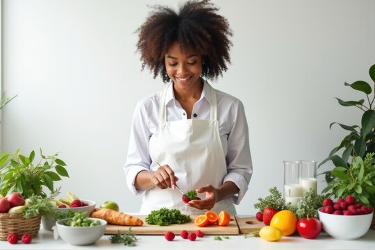 Smiling Woman Preparing Healthy Meal with Fresh Fruits and Vegetables