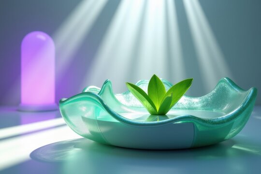 Green Plant in Wavy Teal Dish with Water Under Spotlight, Spa Wellness