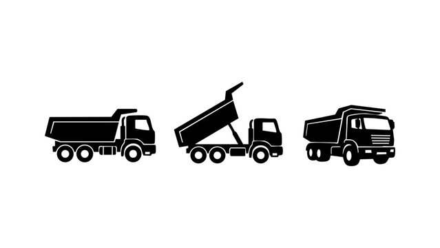 Black silhouette icons of dump trucks for construction work
