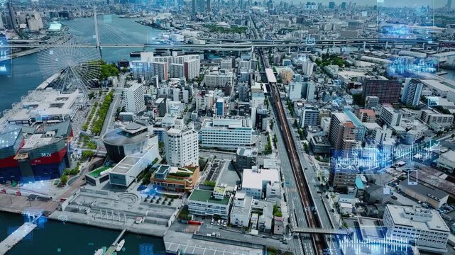 現代都市のドローン空撮とデジタルテクノロジーのコンセプト