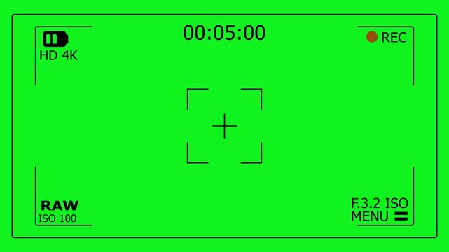 camera overlay with recording frame and top-center timer, style HUD for video with ISO, REC icon, black screen, and timestamp motion video.