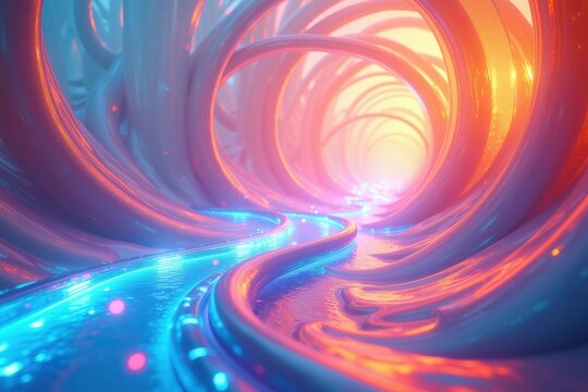 Abstract Glowing Tunnel with Vibrant Cyberpunk Colors and Liquid Light Path