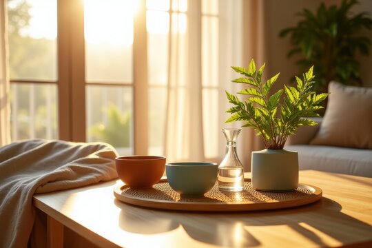 Warm morning sunlight illuminating a cozy living room interior with plants