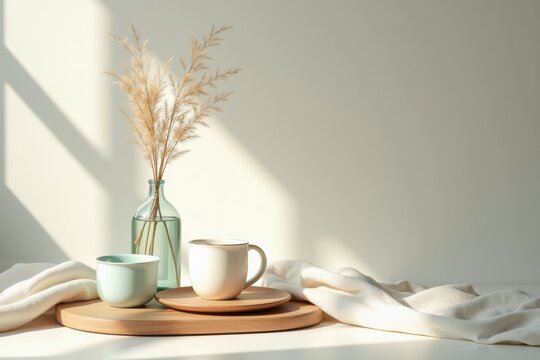 Minimalist Still Life with Pampas Grass, Mugs, and Warm Sunlight