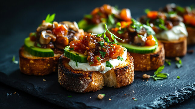 Mini bruschettas with goat cheese, mushrooms, and avocado in dramatic lighting. Atmospheric brunch food photography with rich textures