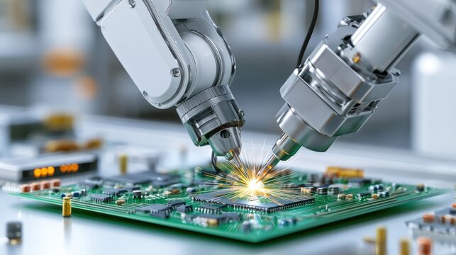 Robotic arms welding circuit board in factory