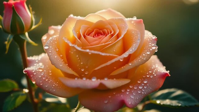 Beautiful peach rose flower with water droplets in the garden at sunrise, close up full frame view