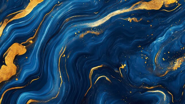Abstract Fluid Art, Gold & Blue, Swirling Patterns. Possible Use Background, Texture, Design
