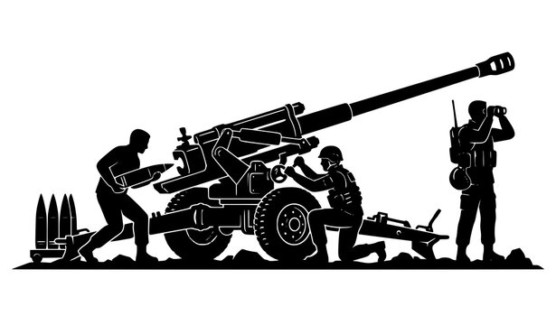 Modern military artillery position with soldiers and heavy cannon black silhouette isolated on white background tactical army vector illustration