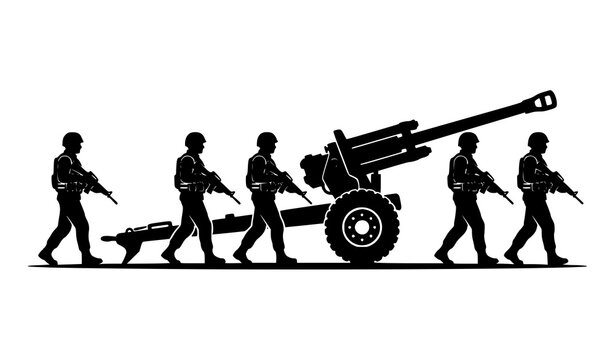 Military artillery convoy with marching soldiers and heavy field cannon black silhouette isolated on white background defense vector illustration