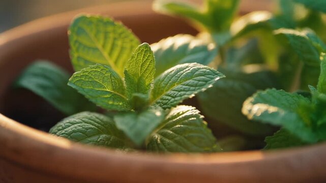 Fresh green mint leaves growing in a clay pot at sunset, close up view