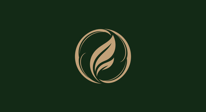 Golden feather icon in circle on dark green background.