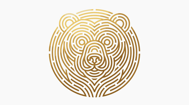 Golden circular line art bear head icon.