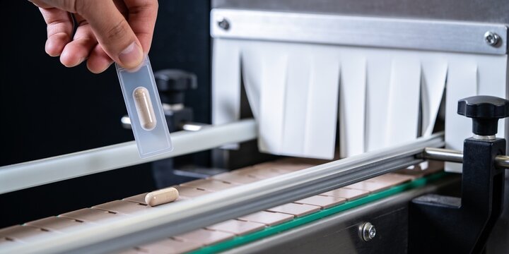 Pharmaceutical capsule inspection on automated production line with hand sample check and clean industrial packaging background