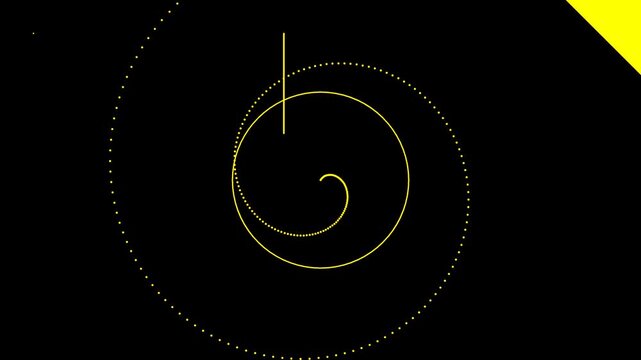 Abstract yellow spiral pattern on a black background with a vertical line and a yellow corner.