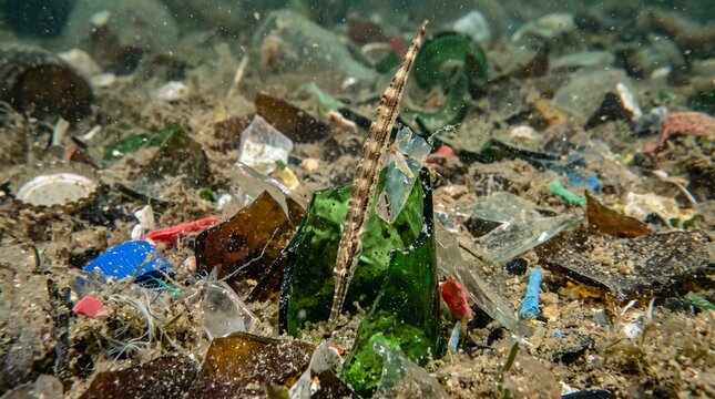 Underwater scene with pipefish amidst ocean floor litter and debris