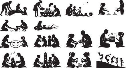 Fototapeta premium Set of silhouettes of parents and children playing together, family activities and leisure time