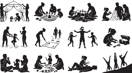 Fototapeta premium Set of silhouettes of a family playing together, parents and children having fun and spending time together