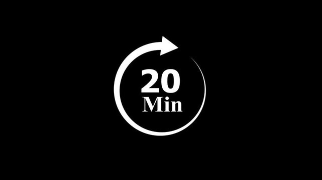 Minimalist white twenty  minutes countdown timer graphic animation on black background number loading circular arrow motion number loading circular arrow motion